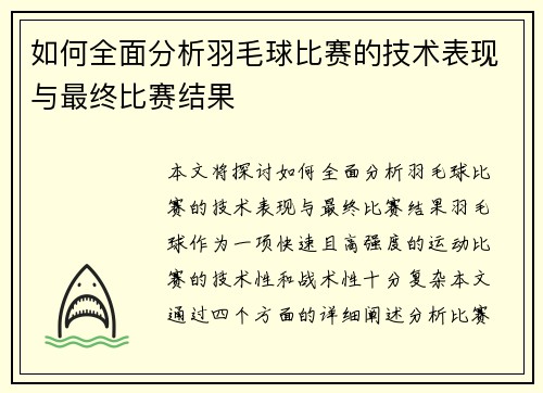 如何全面分析羽毛球比赛的技术表现与最终比赛结果